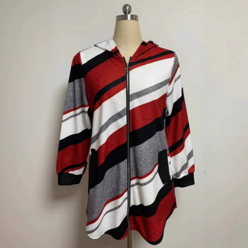 ZARA Womens Fall Winter Oversized Striped Hooded Zipper Long Sleeve Jacket